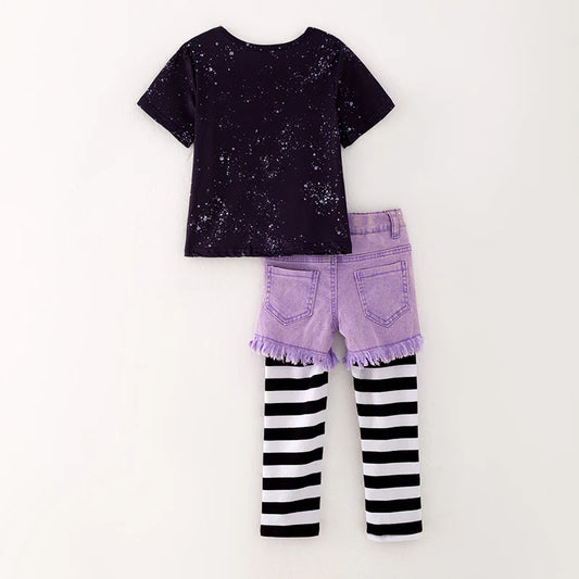 3 Pieces Girls Halloween SPOOKY SEASON Denim Black Stripes Pant Set