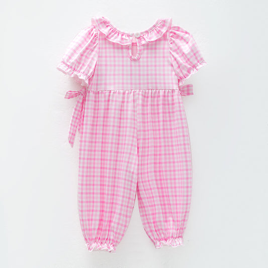 Baby Girls Christmas Pink Plaid Santa Smock Embroidery Romper