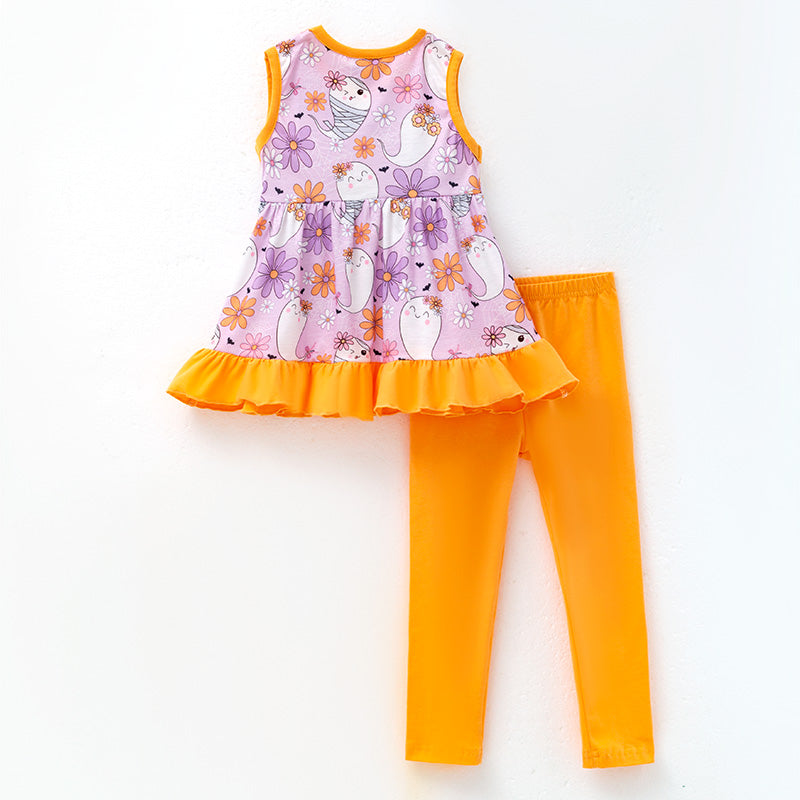 Girls Purple Orange Ghost Halloween Sleeveless Pant Set