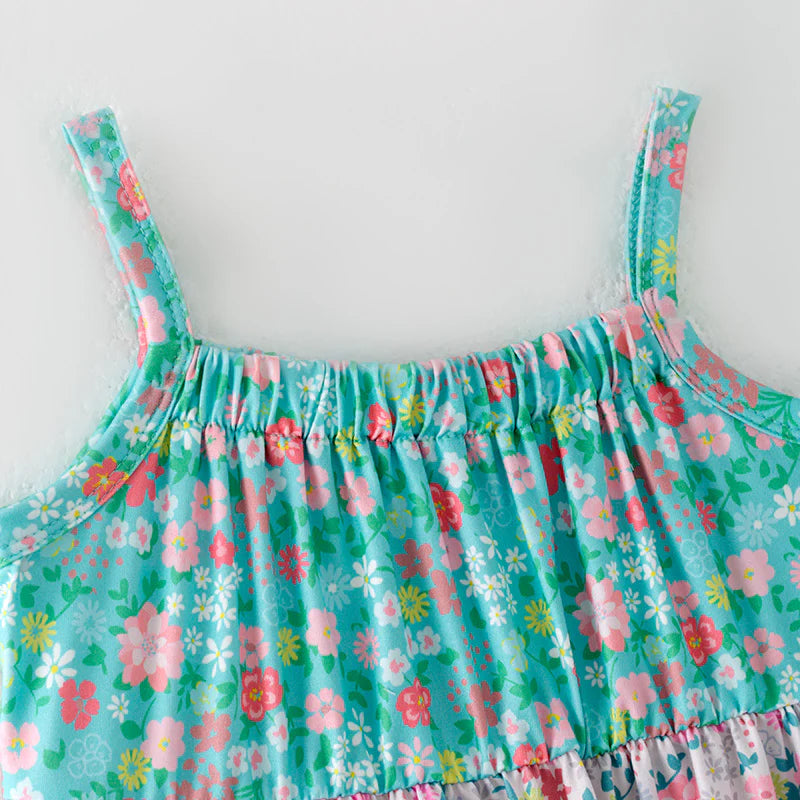 Girls Summer Blue Pink Floral Print Patchwork Dress