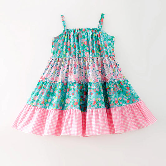 Girls Summer Blue Pink Floral Print Patchwork Dress