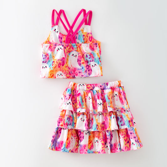 Girls Halloween Ghost Cute Slip Ruffled Skirt Set