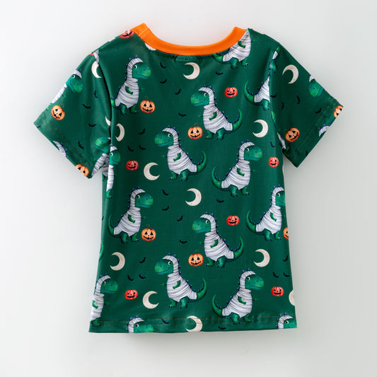Boys Halloween Pumpkin Dinosour Print Blue Short Sleeves Top