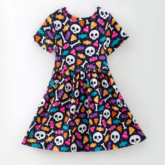 Girls Halloween Skull Hot Pink Pocket Short Sleeves Dress