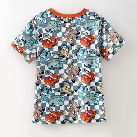 Boys Fall Autumn Orange Car Plaid Print Pocket T-Shirt