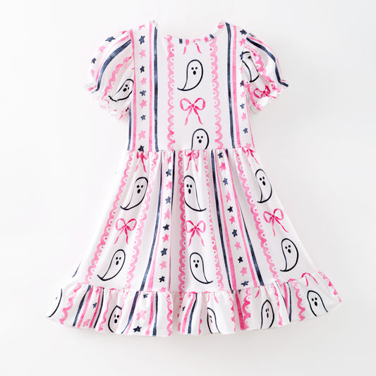 Girls Halloween Pink Ghost Bow Print Milk Silk Soft Dress
