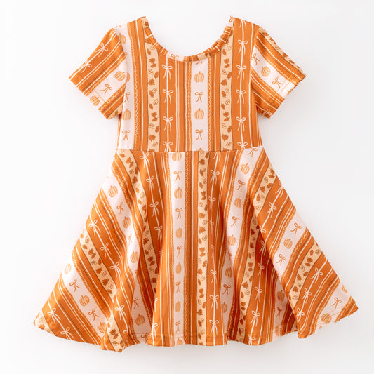 Girls Thanksgiving Orange Pumpkin Bow Print Milk Silk Soft Dress
