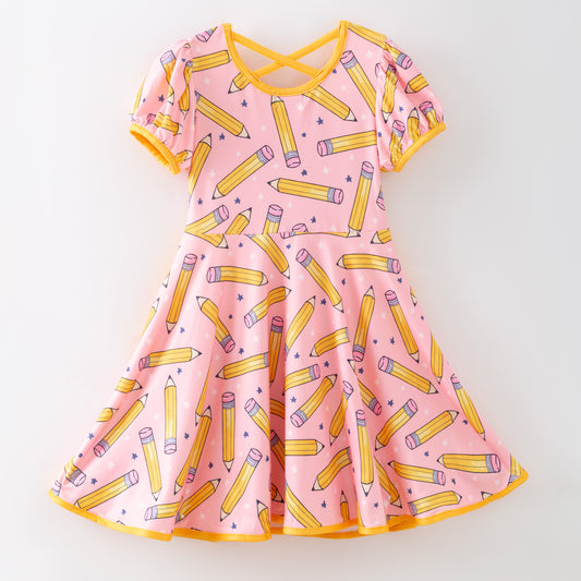 Girls Summer Back To School Pink Yellow Pencil Pocket Dress