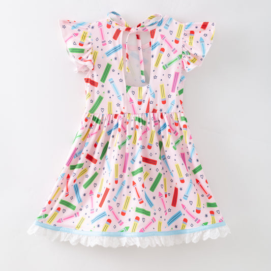 Girls Summer Colorful Crayon Back To School Lace Ruffled Dress