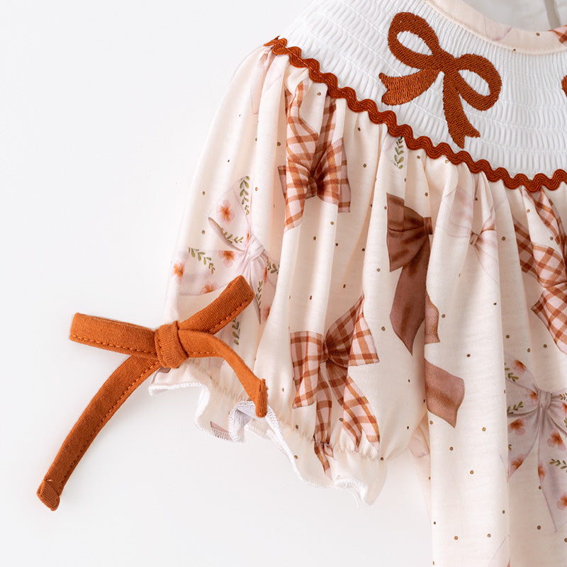 Girls Fall Brown Bow Embroidery Smock Boutique Dress
