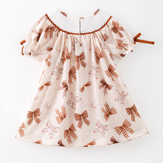 Girls Fall Brown Bow Embroidery Smock Boutique Dress