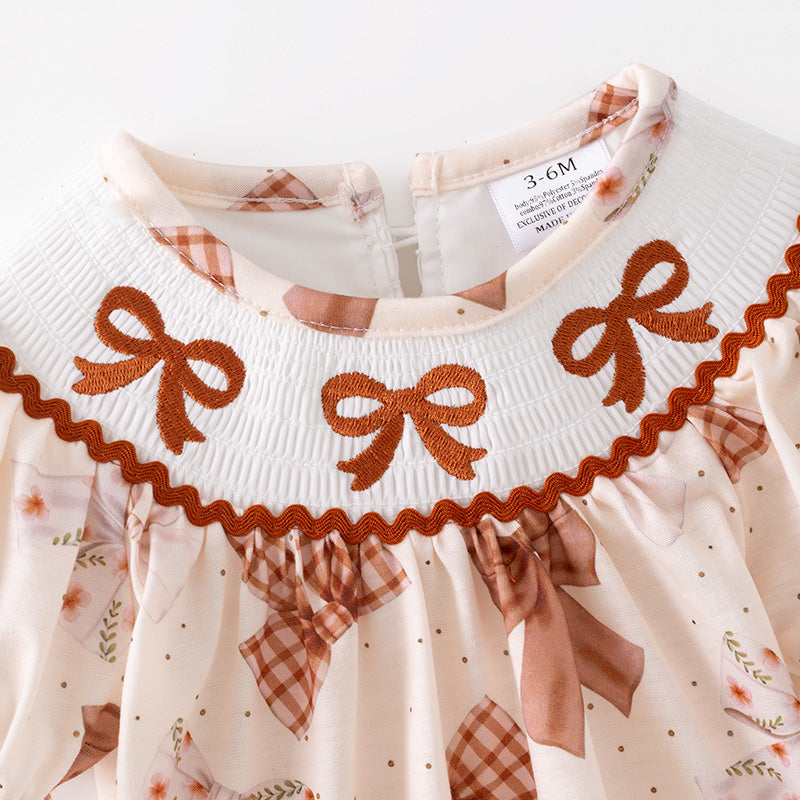 Baby Girls Fall Brown Bow Embroidery Smock Boutique Bubble