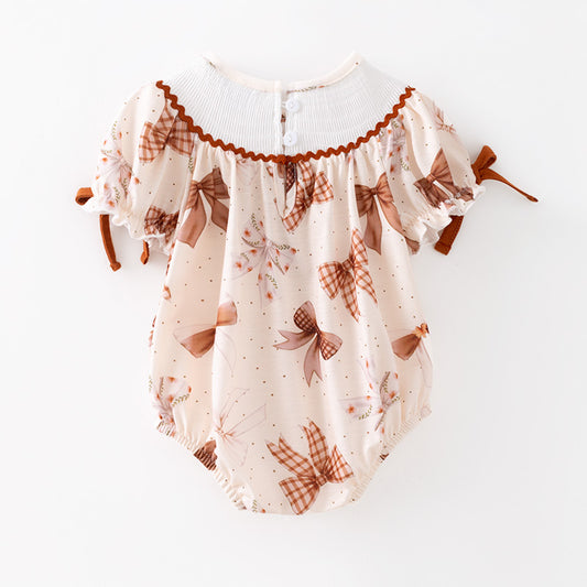 Baby Girls Fall Brown Bow Embroidery Smock Boutique Bubble