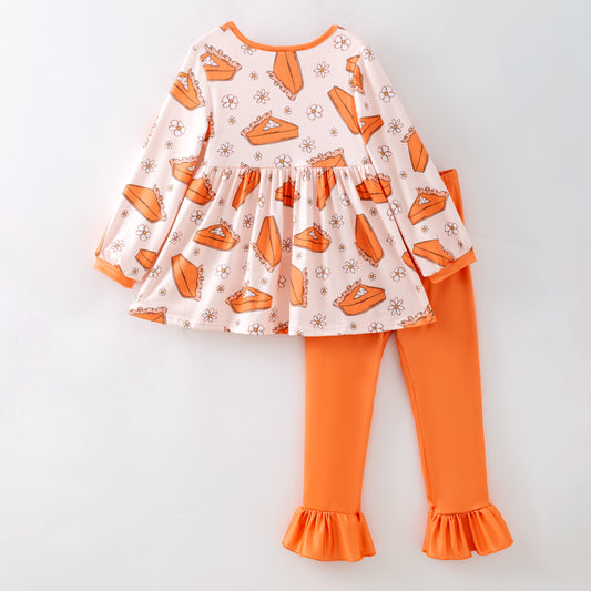 Girls Fall Thanksgiving 2-Pieces Orange Bow Long Sleeves Pant Set