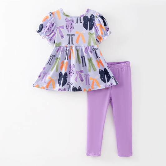 Girls Halloween 2-Piece Outfit – Soft Fabric Pumpkin & Bow Pocket Set