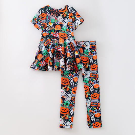 Girls Halloween 2-Piece Outfit – Soft Fabric Pumpkin & Ghost Print Dress with Leggings