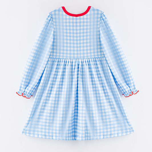 Girls Christmas Santa Cookies Embroidery Smock Blue Plaid Dress