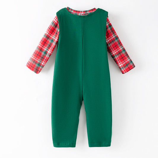 Baby Boys Christmas 2 Pieces Santa Embroidery Green Red Top With Romper