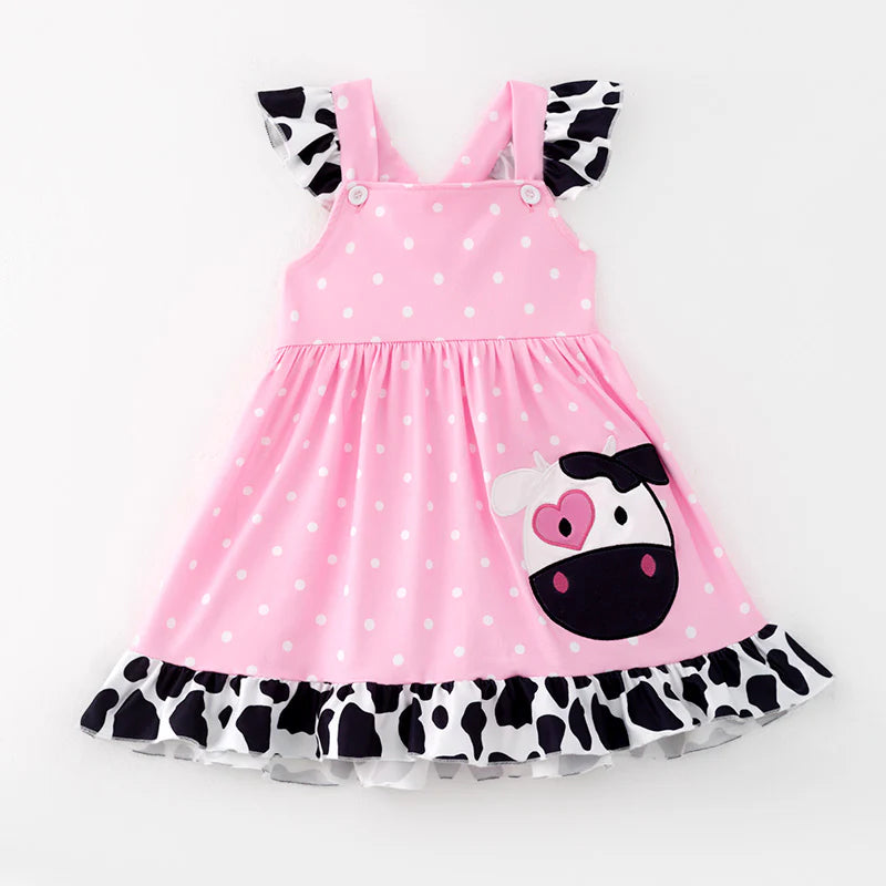 Girls Summer Cow Applique Pink Farm Dress