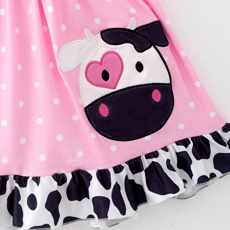 Girls Summer Cow Applique Pink Farm Dress