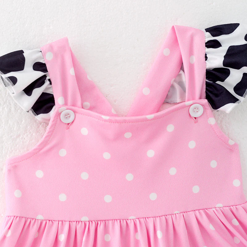 Girls Summer Cow Applique Pink Farm Dress