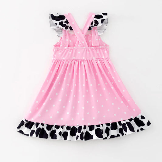 Girls Summer Cow Applique Pink Farm Dress