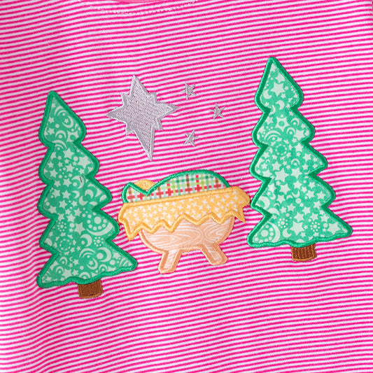 Girls Chritmas Pink Stripes Christmas Tree Embroidery Pajamas Set