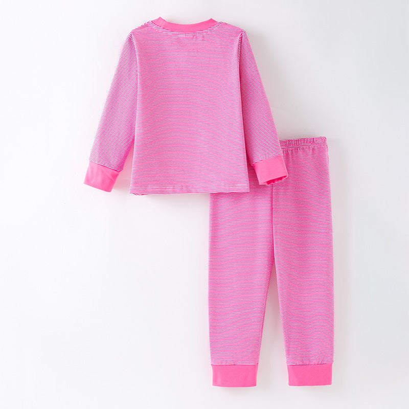 Girls Chritmas Pink Stripes Christmas Tree Embroidery Pajamas Set