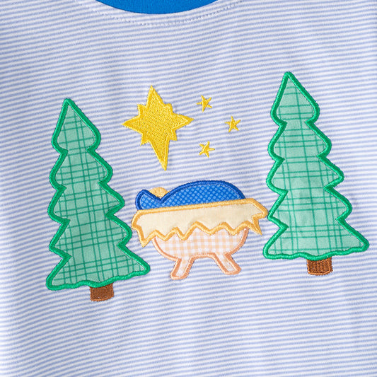 Boys Chritmas Blue Stripes Christmas Tree Embroidery Pajamas Set