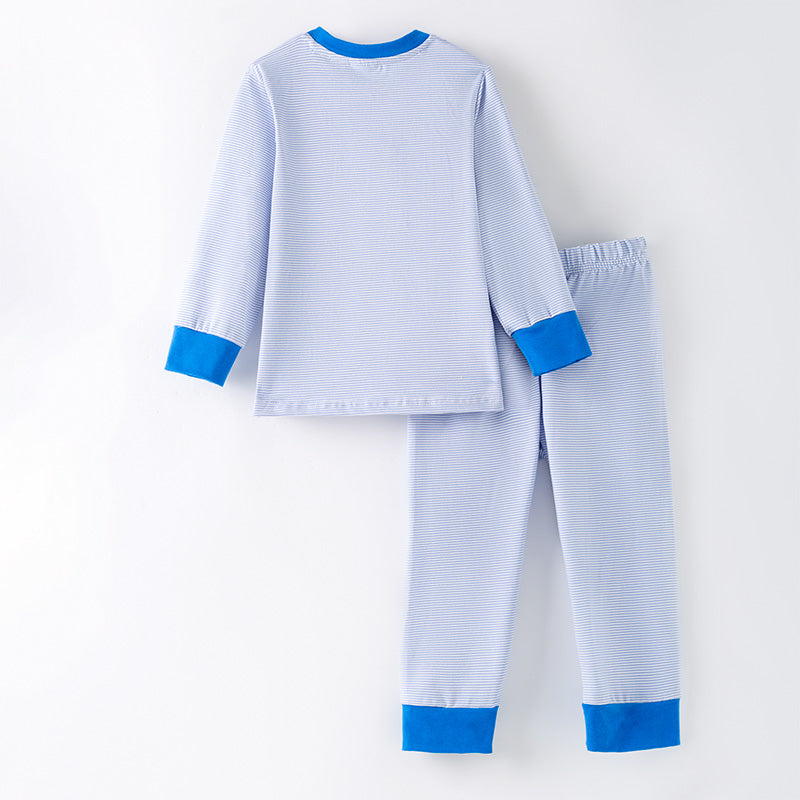 Boys Chritmas Blue Stripes Christmas Tree Embroidery Pajamas Set