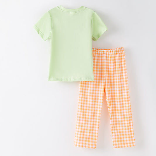 Boys Halloween 2 Pieces Outfit-Pumpkin Embroidery Top & Orange Plaid Pant