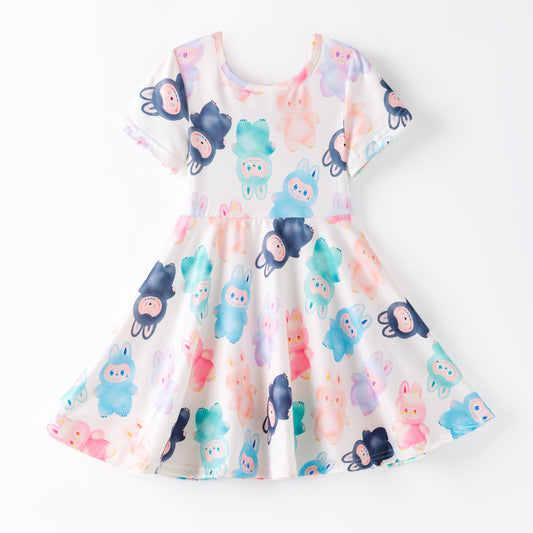 Girls Summer Labubu Print Cute Cartoon Twirl Dress