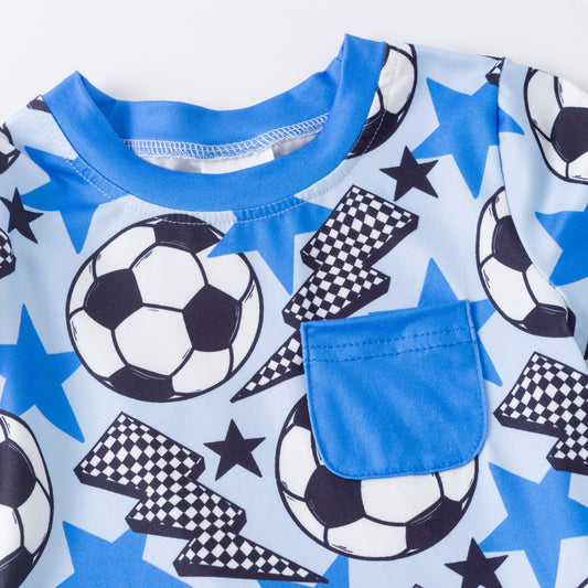 Boys Summer Football Print Blue Short Sleeves Pocket Top