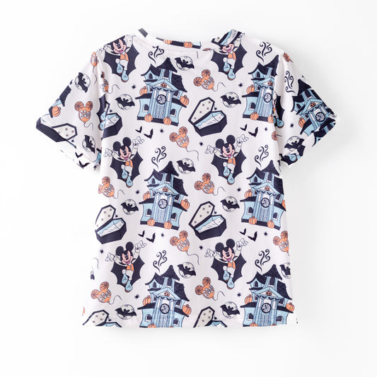 Boys Halloween Pumpkin Mouse Print Blue Short Sleeves Top