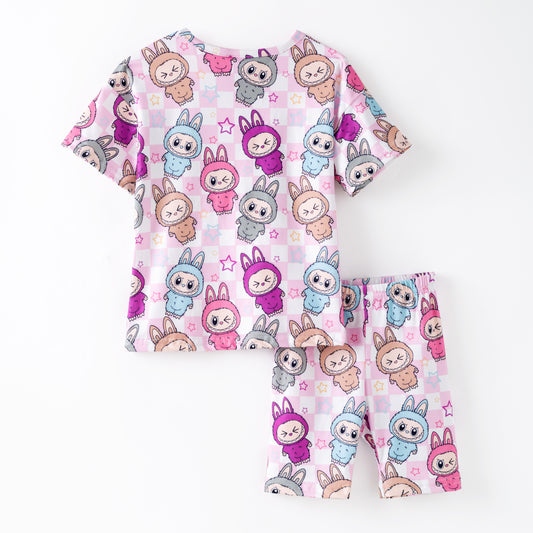 Girls 2 Pieces Labubu Pink Plaid Short Set