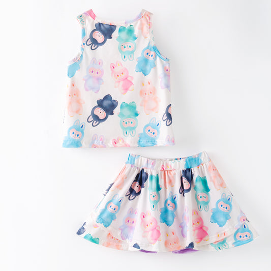 Girls 2 Pieces Fall Summer Labubu Print Top & Athletic Skirt Set