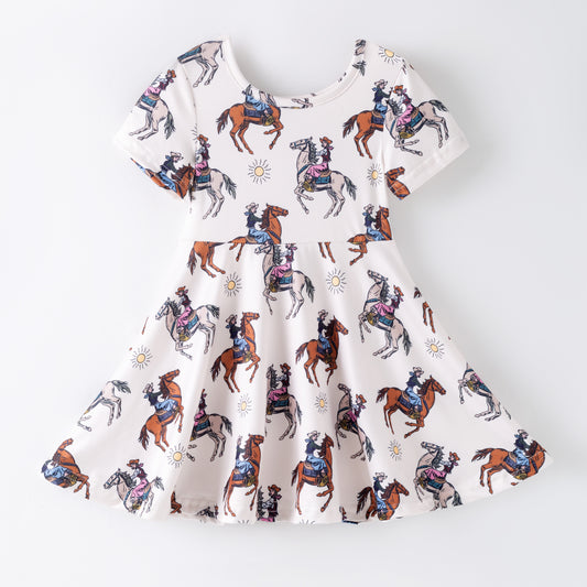 Girls Summer Horse Print Cute Twirl Dress
