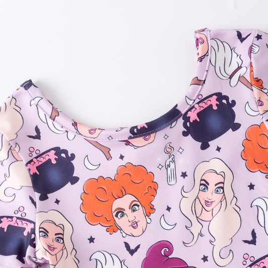 Girls Fall Halloween Witch Purple Print Cute Twirl Dress