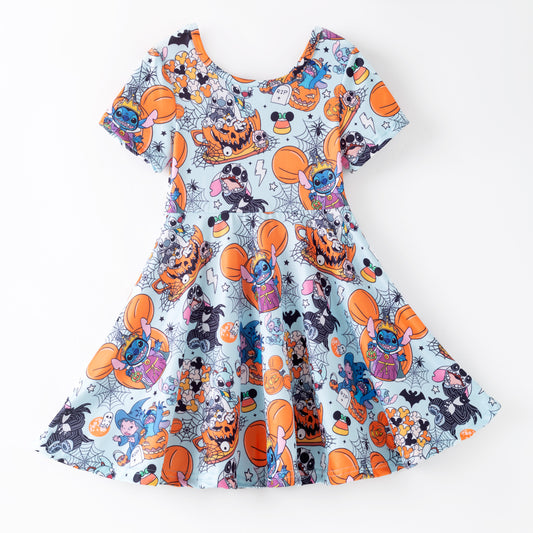 Girls Fall Halloween Cartoon Pumpkin Print Cute Twirl Dress