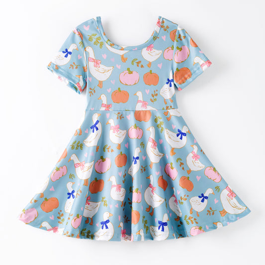 Girls Fall Halloween Gilly Goose Pumpkin Print Cute Twirl Dress