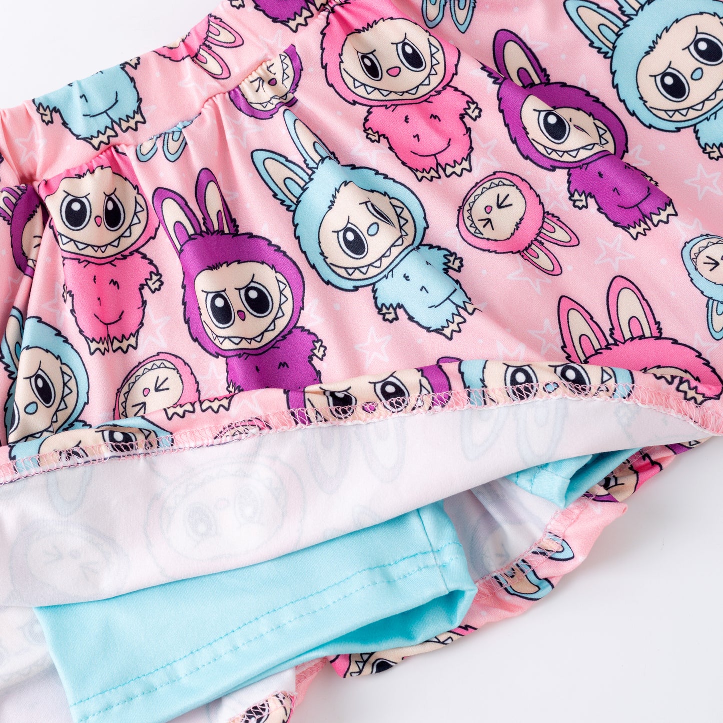 Girls 2 Pieces Pink Blue Labubu Print Top & Athletic Skirt Set