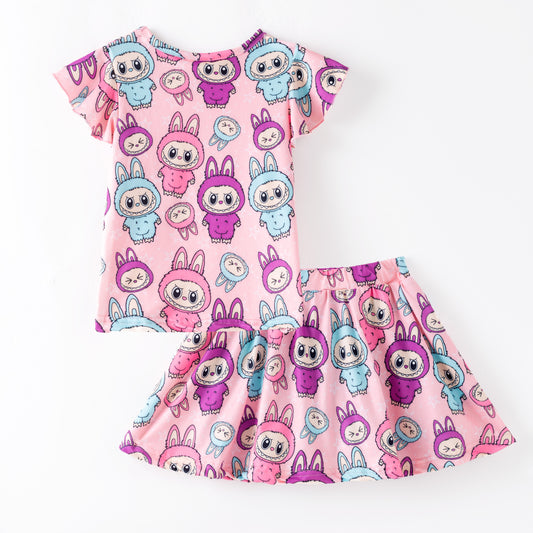 Girls 2 Pieces Pink Blue Labubu Print Top & Athletic Skirt Set