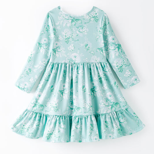 Girls Fall Autumn Blue Floral Print Ruffled Long Sleeves Dress