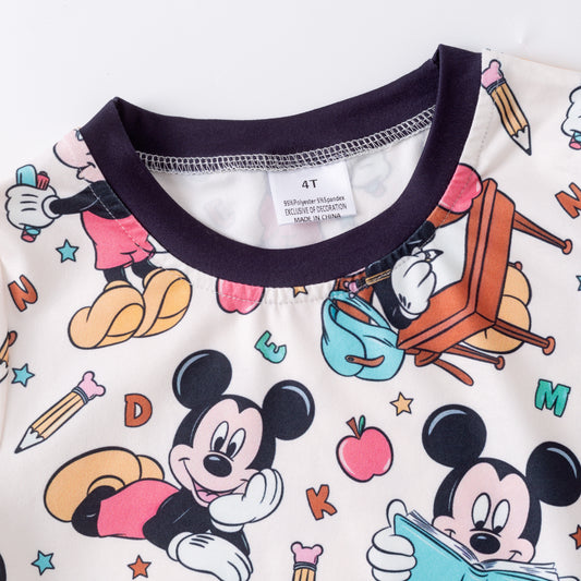 Boys Summer School Apple Cartoon Mouse Print Short Sleeves Top