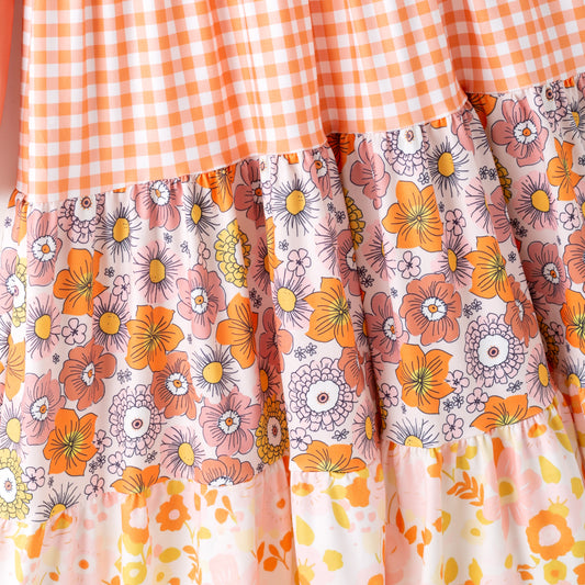 Girls Fall Autumn Orange Plaid Floral Print Ruffled Long Sleeves Dress