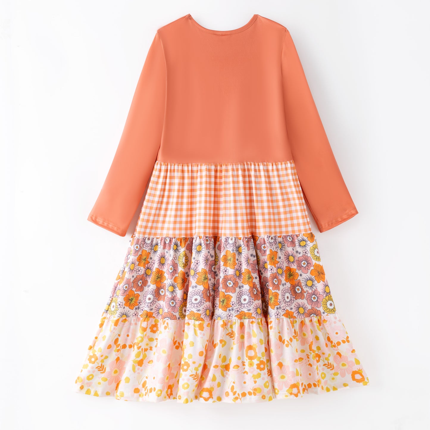 Girls Fall Autumn Orange Plaid Floral Print Ruffled Long Sleeves Dress