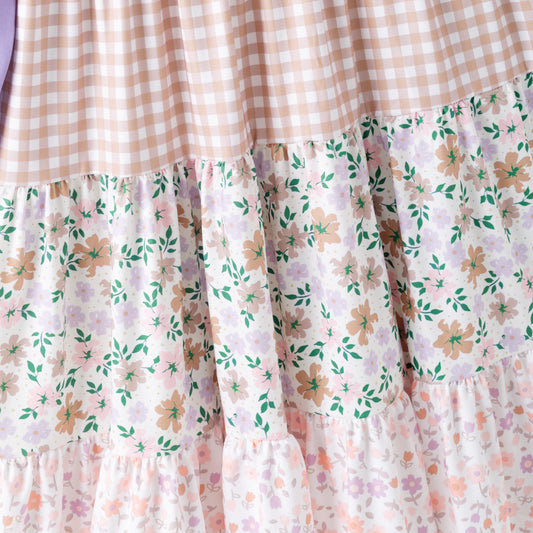 Girls Fall Autumn Lavender Plaid Floral Print Ruffled Long Sleeves Dress