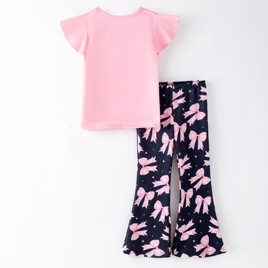 Girls 2 Pieces Fall Autumn Pink Bow Print Pant Set