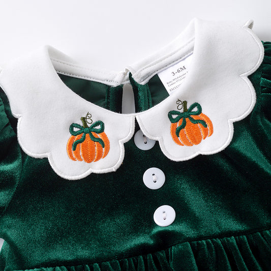 Pumpkin Embroidered Velvet Romper – Halloween & Thanksgiving Baby Outfit