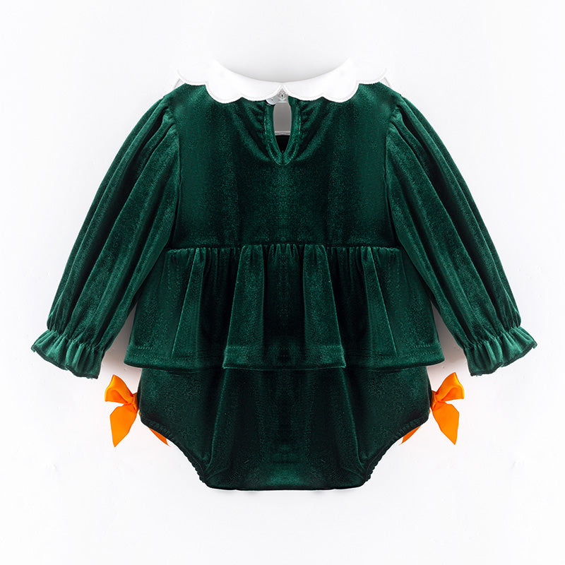 Pumpkin Embroidered Velvet Romper – Halloween & Thanksgiving Baby Outfit